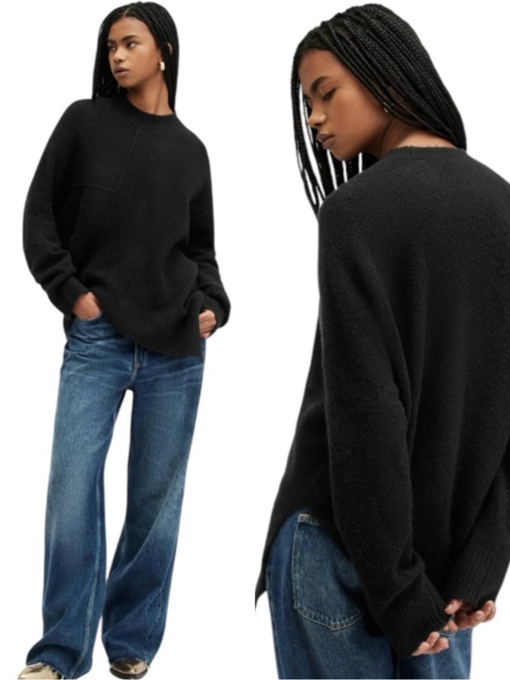 ALL SAINTS Lock Crew Wool Black Asymmetrical Sweater Pullover Top